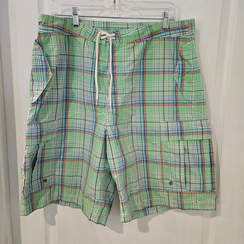 Polo Ralph Lauren Swim Trunks Mens 36 Green Plaid Cargo Board Shorts Beach
